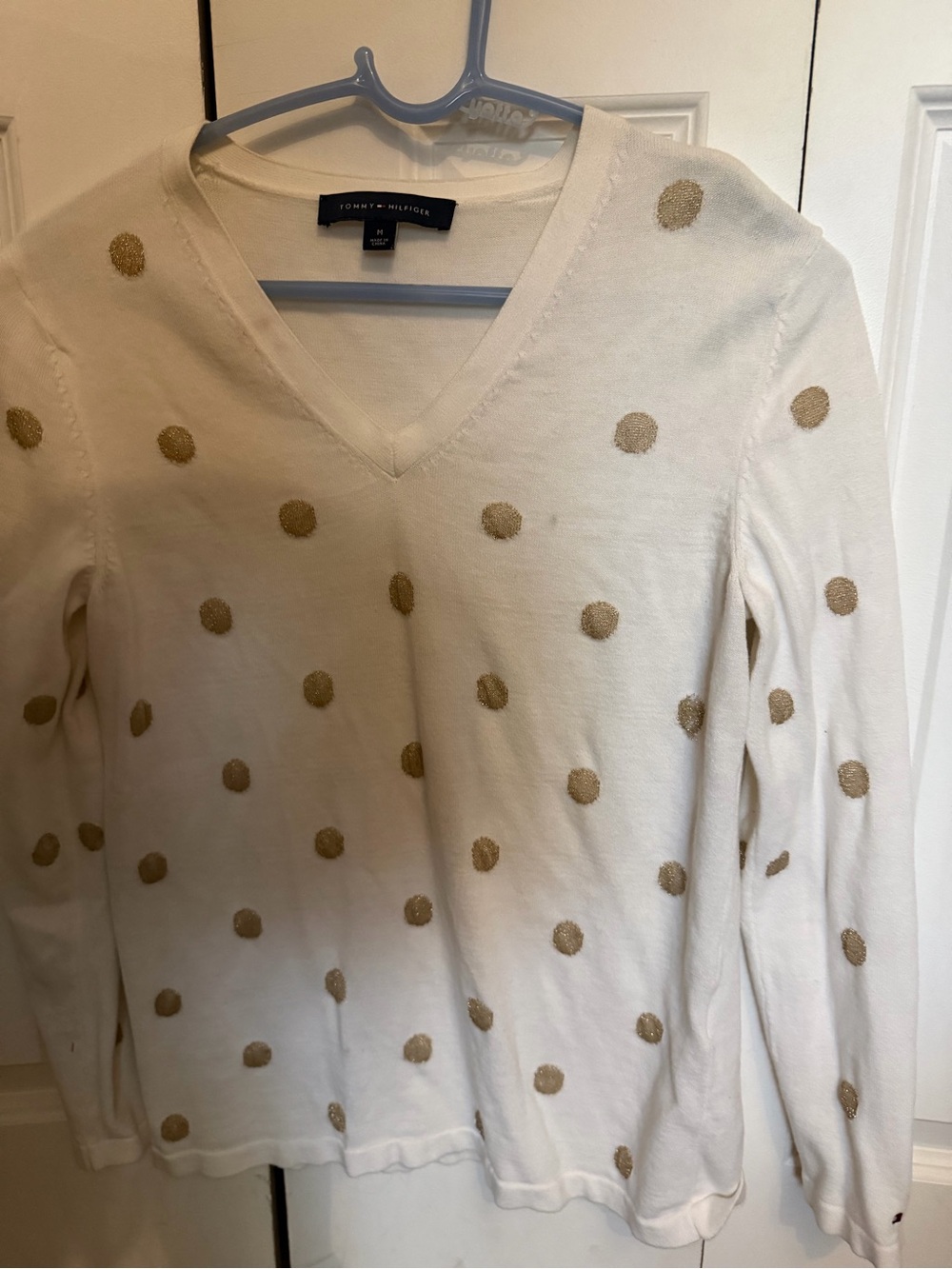 Tommy Hilfiger Cream V-Neck Sweater with Gold Polka Dots